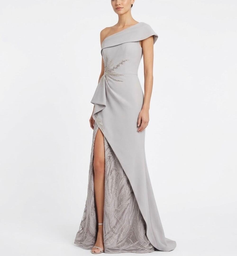 Mac Duggal Taupe/Silver Evening Gown One Shoulder Embroider A-Line Dress Size 4